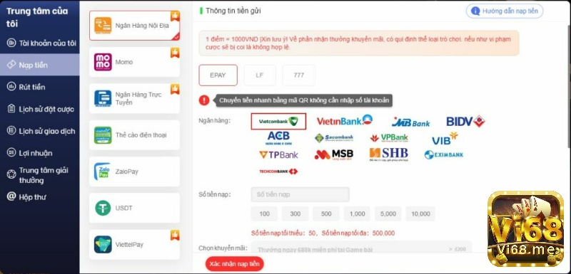 Game danh bai doi tien mat - Hình thức rút tiền của Vi68