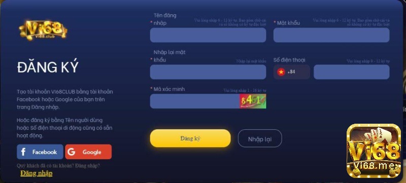 Giao diện đăng ký tài khoản tại nhà cái Vi68