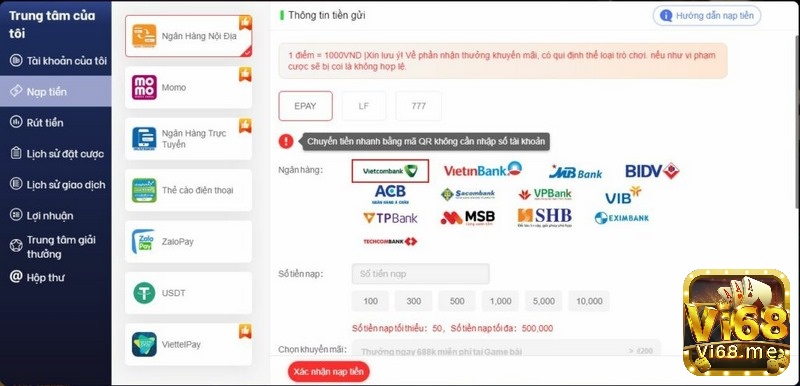 Rút tiền khi chơi game online trên web Vi68 cực kỳ đơn giản