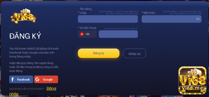 Giao diện đăng ký vào nhà cái Vi68