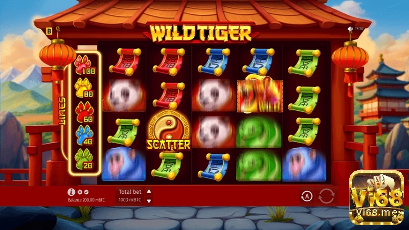 Giao diện chính của slot game Wild Wild Tiger với các biểu tượng đặc trưng